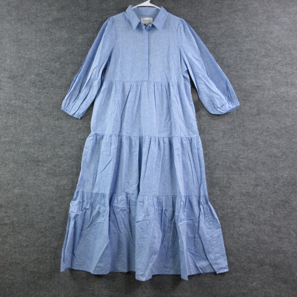Pomander Place Dress Womens L Blue Chambray Shirt Dress Maxi Ruffle NWT